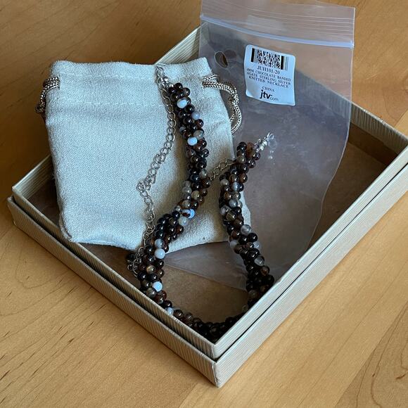 JTV New Chocolate Brown Banded Agate Knitted Necklace Sterling Silver NIB Box - Picture 3 of 6